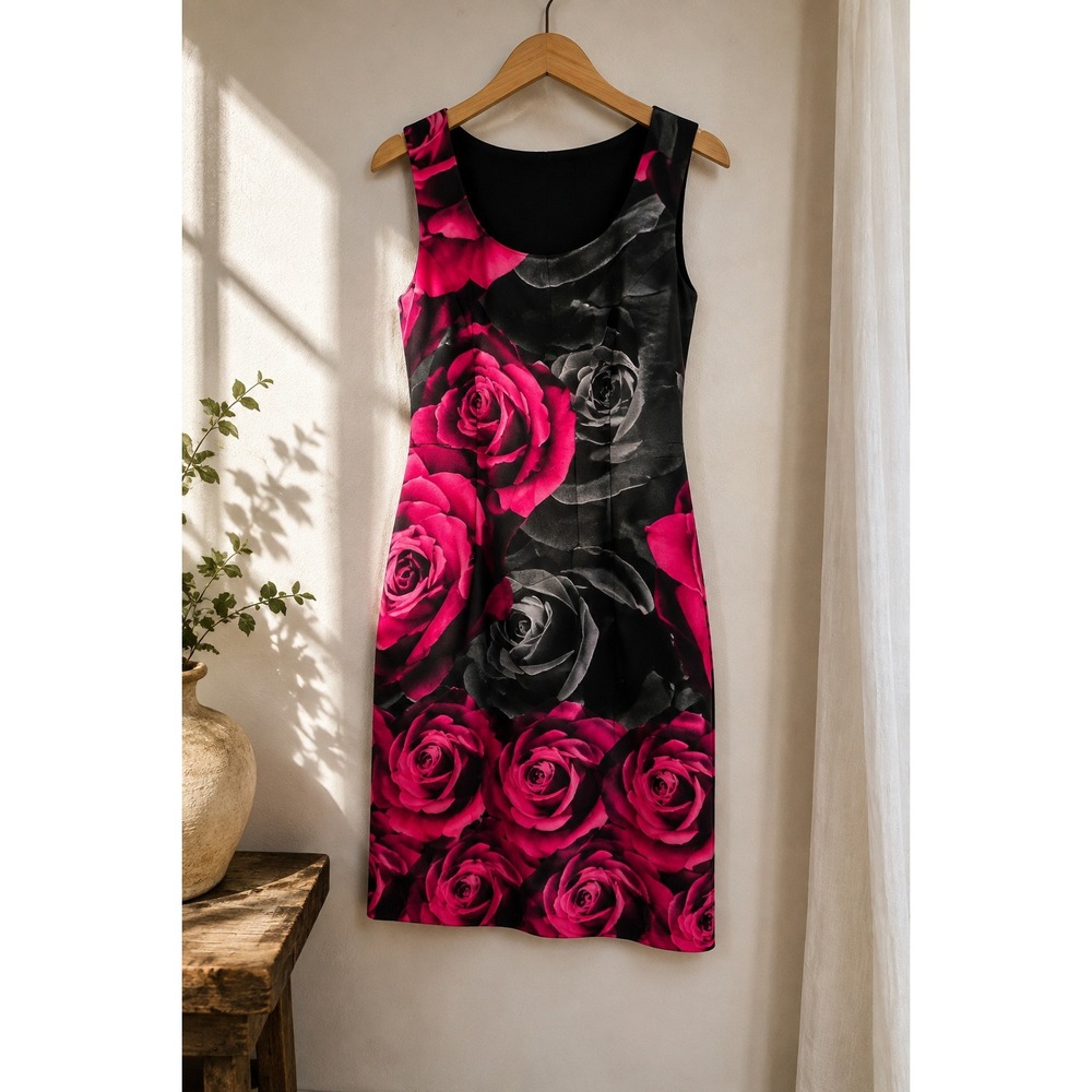 Joseph Ribkoff Pink Black Rose Floral Sheath Dress Sleeveless Size 8 Made Canada